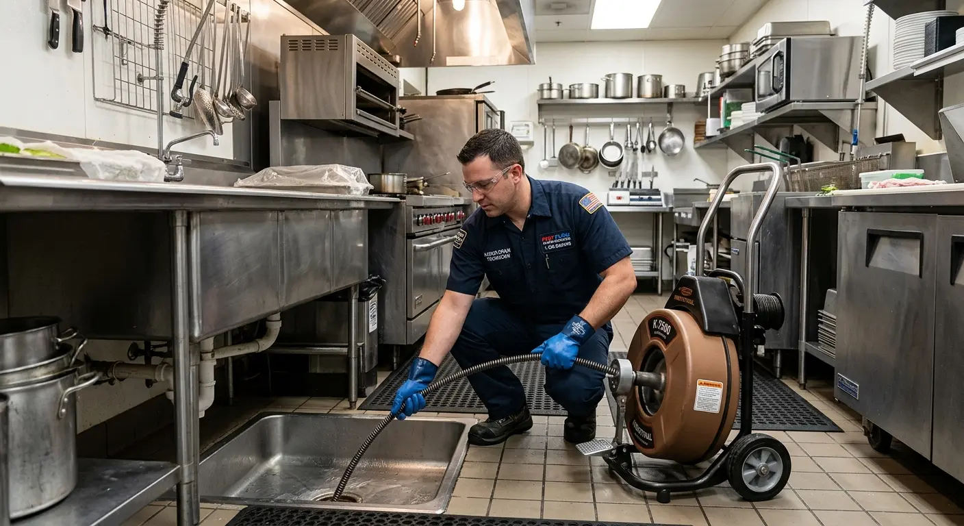 Commercial drain cleaning service in a restaurant kitchen in Fulshear