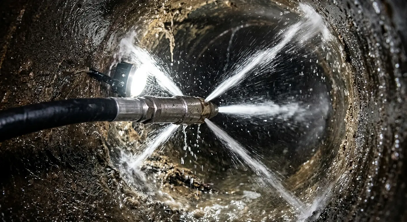 High-pressure hydro jetting nozzle cleaning sewer pipe for Sewer Cleanout in Fulshear