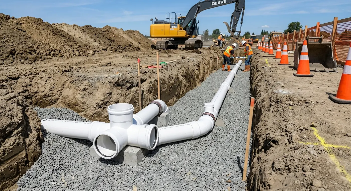 New PVC sewer pipe installation in open trench for Commercial Drain Cleaning in Fulshear