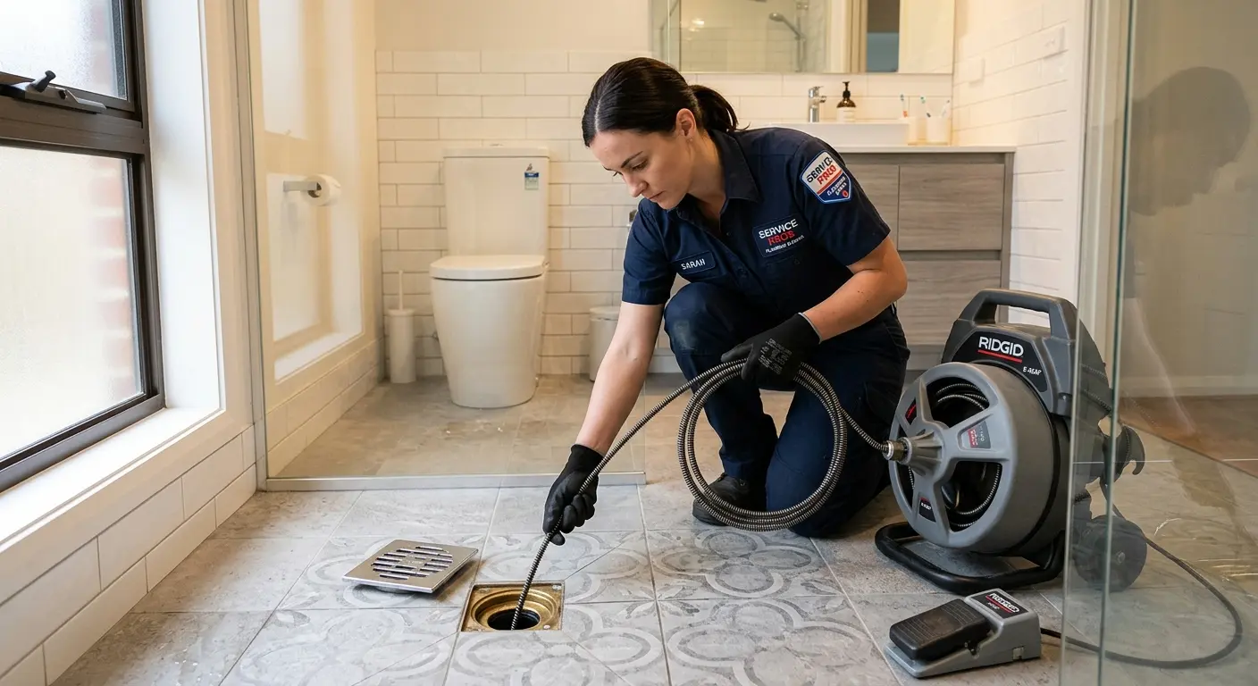Technician clearing a bathroom floor drain for Clogged Drain Repair in Fulshear